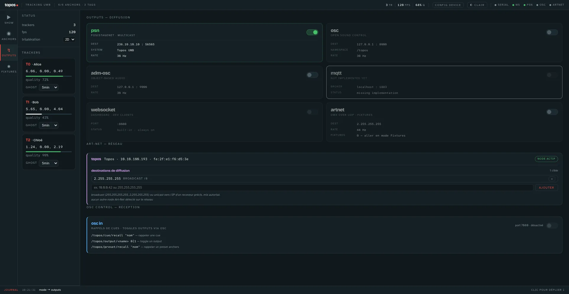 Dashboard Topos en mode outputs : cartes PSN, OSC, ADM-OSC, WebSocket, Art-Net avec leurs interrupteurs et destinations